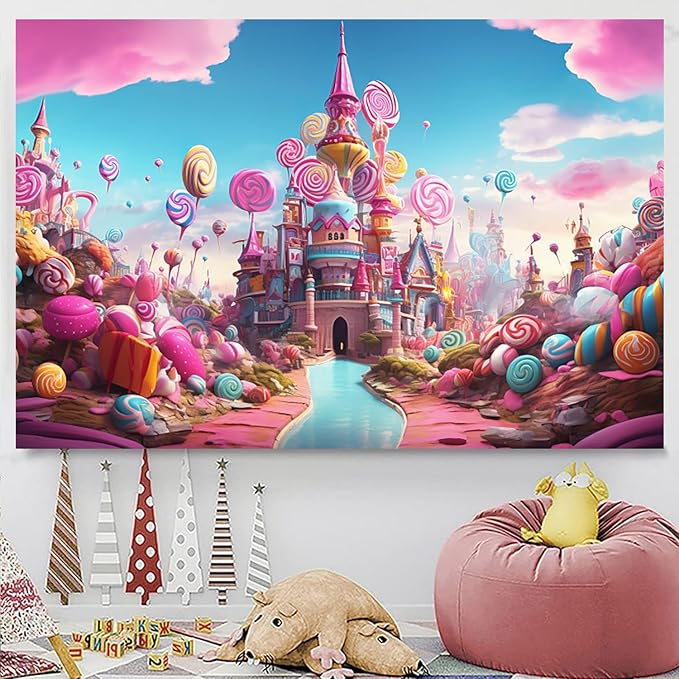 9x6ft Candyland Backdrop Fantasy Pink Castle Sweet Candy Photography Background Girls Birthday Candyland Theme Party Decorations Banner Photo Studio Props