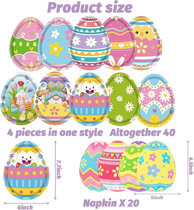 HAKOTI Easter Egg Tableware - 60 Pcs Bunny Egg Shaped Plates & Napkins Set for Happy Easter Dinnerware & Party Decorations