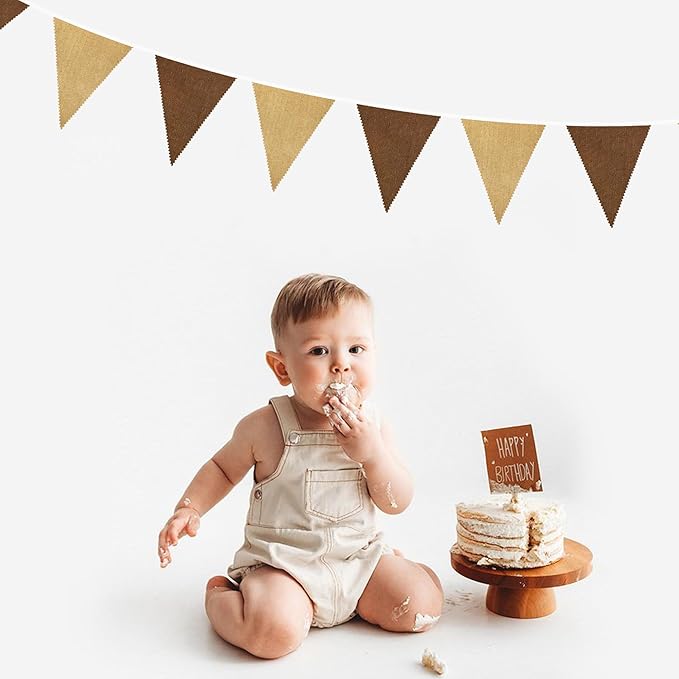 46Ft Brown Party Decorations Brown Burlap Banner Triangle Pennant Flag Macaron Linen Garland Streamers for Rustic Birthday Boho Wedding Teddy Bear Baby Shower Jungle Woodland Party Decorations