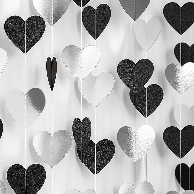 GCQQ Black White Silver Party Decorations - 52FT Black Glitter Heart Garland 4 Pack Paper Birthday Hanging Streamer Garlands for Valentine's Day Wedding Engagement Anniversary Bachelorette Party Decor