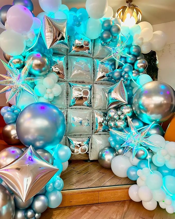 36pcs Silver Square Foil Balloons Wall Backdrop with 144pcs Balloon Garland Arch Kit, Double Sided Balloons for Bachelorette Baby Shower Birthday Anniversary Graduation Prom Party Decorations