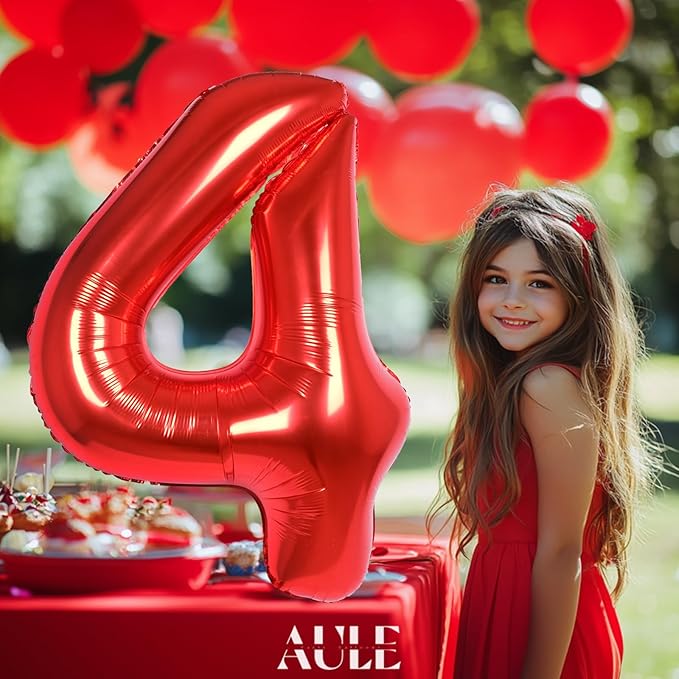 AULE 40 Inch Big Red 4 Balloon Number Large Foil Helium Number Balloons 0-9 Jumbo Giant Happy 4th Birthday Party Decorations for Boy or Girl Huge Mylar Anniversary Party Supplies