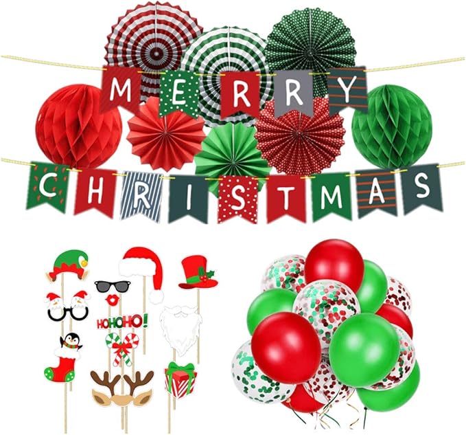 Christmas Party Decorations Kit - Set Includes Merry Christmas Banner Paper Fans Honeycomb Balls Xmas Photo Booth Props Confetti Balloons Red Green Latex Balloons String for Indoors Office Home Decors