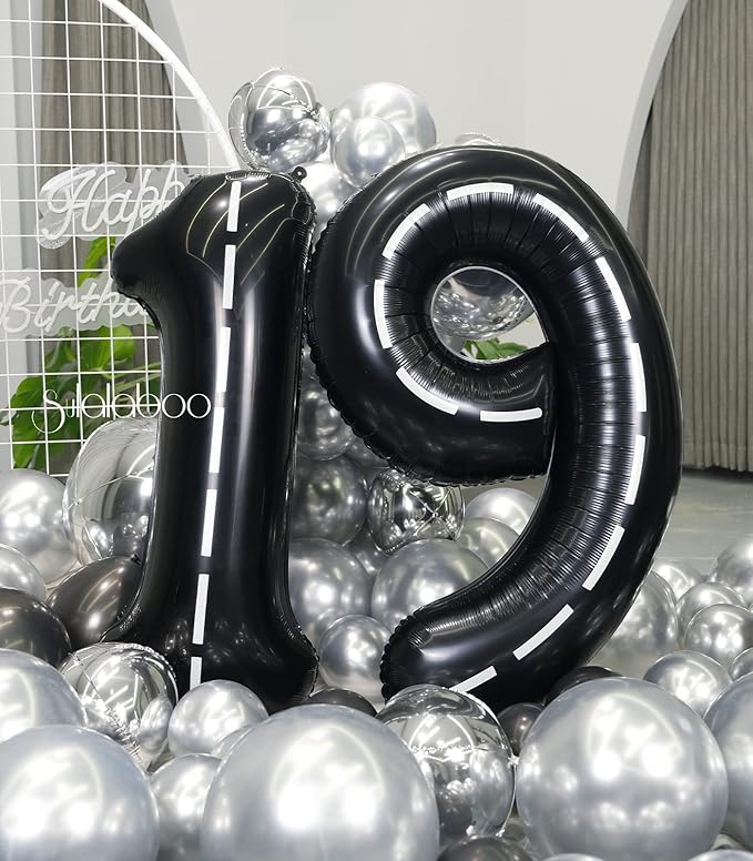 Race Car 40Inch Black 19 Balloon Number Large Helium Race Track 0-9 Giant Digital 19th Foil Mylar Big Party Number Balloons for Boy Birthday Car Theme Party Anniversary Graduation Decorations