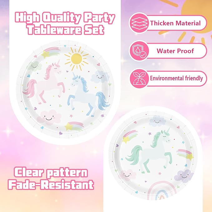 Unicorn Birthday Party Supplies for 24 Guests, Magical Pastel Theme Tableware Set Includes Disposable Paper Plates, Napkins, Cups, Cutlery, Unicorn Birthday Decorations for Girls