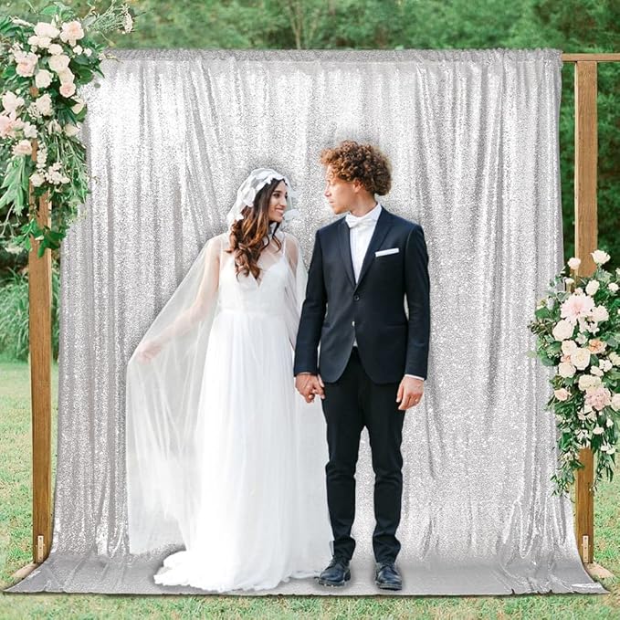 PartyDelight Silver Sequin Backdrop 10x10ft - High Density 3mm Shimmer Sequin Background with 4-Inch Rod Pocket, Sparkly Photography Curtain for Stage, Gala & Large Event Decor