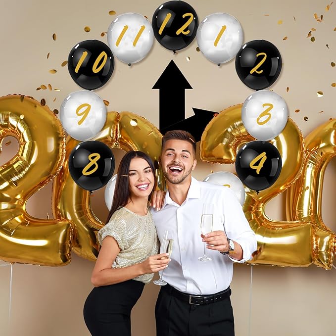14 Pcs New Year Eve Party Decor Kit Wall Clock Countdown Balloons Set with Confetti Inside, Countdown Celebration Picture Ready Wall for Year End Decor Celebration (Black Sliver Gold)