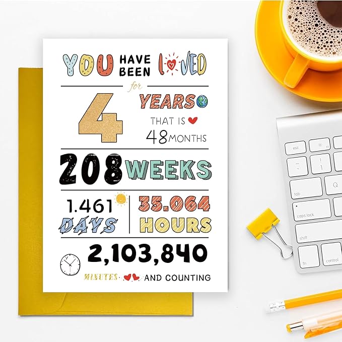 Cute 4th Birthday Card for Girl Boy, Perfect Four Years Old Birthday Card for Son Daughter Grandson Granddaughter, Happy 4 Years Old Kid Birthday Card From Dad Mom Grandparent