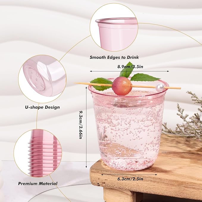 KesaPlan 50 Pcs Pink Plastic Cups, 12oz Disposable Stemless Wine Glasses for Cocktail Cute Clear Cocktail Wine Glasses Pink Party Cups for Valentine's Galentine's Day Wedding Christmas Party