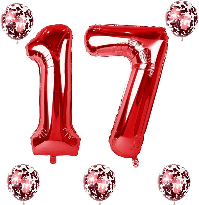 40 Inch Number 17 Foil Balloons, Large Red 17th 71st Birthday Digit With Confetti Helium, Number 1 & 7 Self Inflating for Boys Girls Anniversary Party Decorations