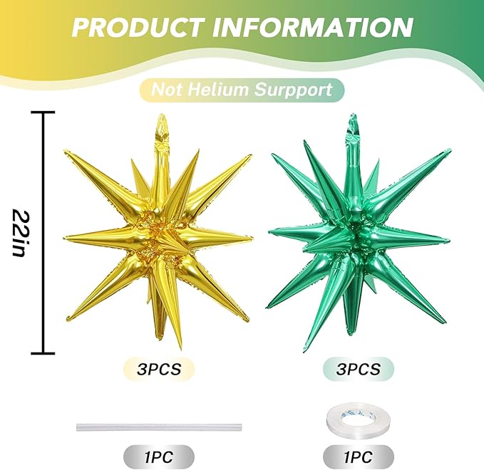 6PCS Green Gold Star Balloons, 22Inch Large Star Shaped Balloon Foil Spike Balloon Cone Balloons for Graduation Birthday St. Patrick's Day Baby Shower Jungle Party Decorations