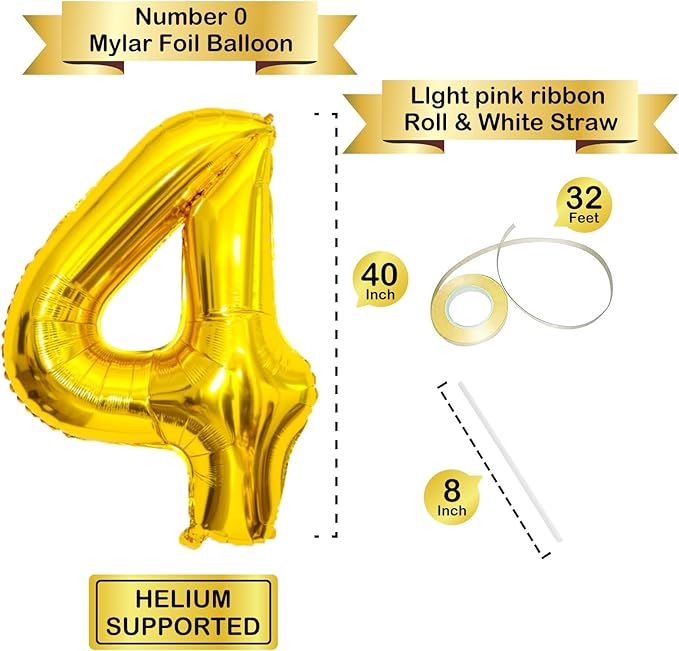 40 Inch Gold Number Balloons, Helium Mylar Foil Number Balloons for Birthday, Number 4 Balloon for 4st Birthday Decorations for Kids, Anniversary Party Decorations Supplies