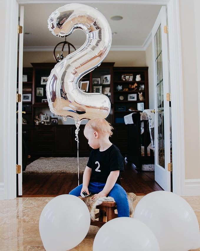 Silver Number 2 Balloon 40 Inch, 2 Balloon Number, 2nd Birthday Decorations for Baby Girls Boys Toddlers