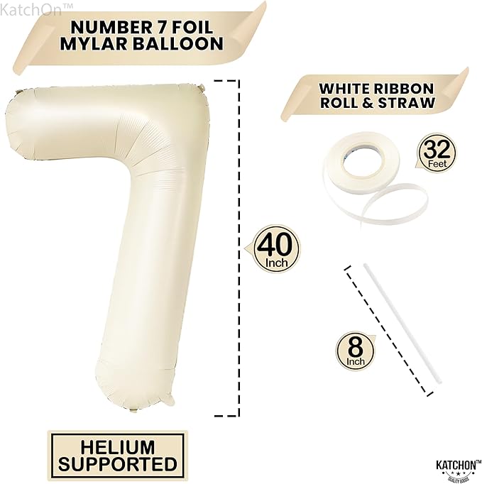 KatchOn, Giant Cream Number 7 Balloon - 40 Inch | 7th Birthday Balloon for 7th Birthday Decorations | 7 Balloons for Birthday | 7 Year Old balloon for 7 Year Decorations