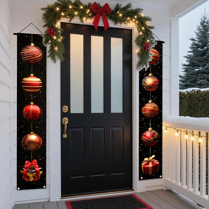Nuxovilar Christmas Decorations Outdoor Yard Front Porch Sign Set, Black Background Christmas Ball Door Banners, Hanging Door Decor for Home Indoor Wall Yard