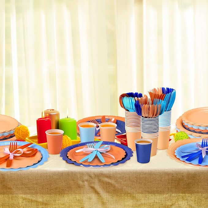 350 Pcs Blue Orange Plates and Napkins, 50 Guest Blue Dog Party Supplies Include Scalloped Paper Plates Napkins Cups Plastic Spoons Forks Knives Disposable Tableware Set for Dart Birthday Party
