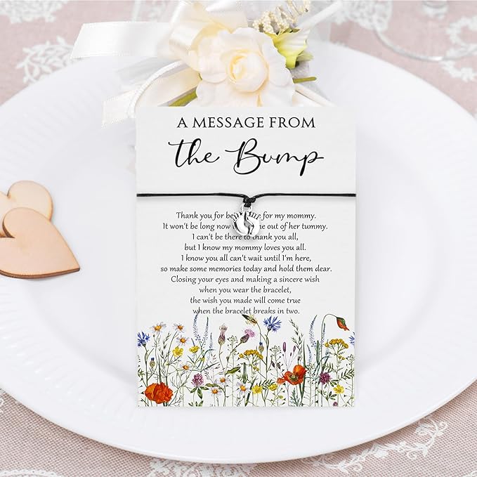 Thyle 50 Set Wildflower Baby Shower Favors for Guests Adjustable Bracelets with Message from the Bump Card Footprints Charm Baby Shower Bracelets for Gender Reveal Thank You Gifts