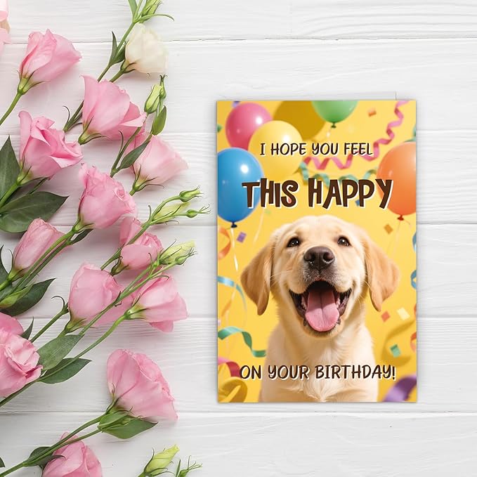 5.3x8 Funny Happy Dog Birthday Card Humorous Cute Pet Animal Humor Bday Notecard with Envelope for Wife Husband Teenage Young Boy Girl Men Women Adult
