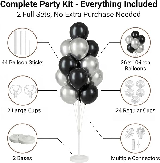 Balloon Column Kit for Floor-Balloon Columns with Stand, Base and Pole,Balloon Tower Backdrop Decoration for Wedding, Baby Shower, Birthday Party, or Bachelorette Parties (BLACK SILVER)