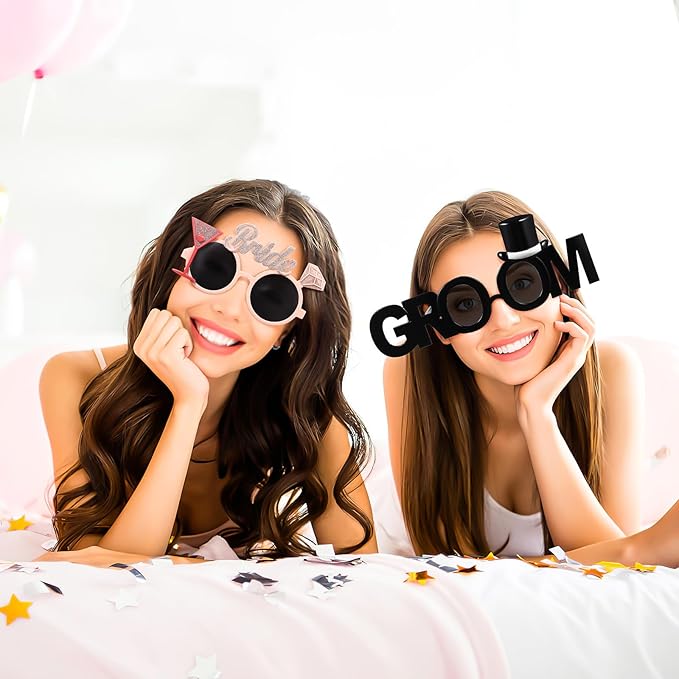 Gadpiparty 2Pcs Groom Bride Party Sunglasses Funny Glitter Party Glasses Fancy Dress Props for Wedding Hen Bridal Shower Bachelorette Decoration