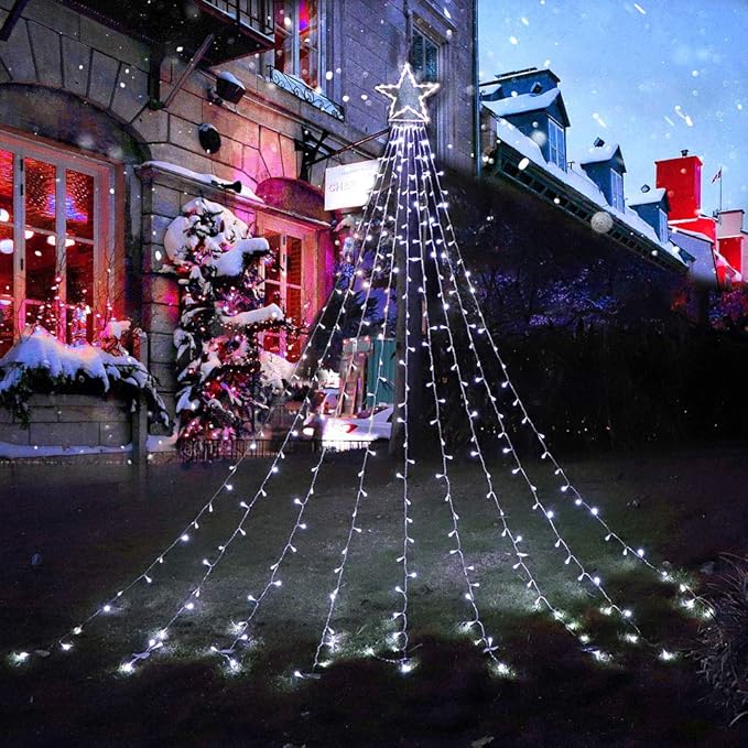 Christmas Decoration Star Lights Outdoor, 320 LED 16.4Ft Christmas Tree Toppers String Lights[8 Modes& Waterproof] for Halloween Xmas New Year Holiday Birthday (Iron-White)