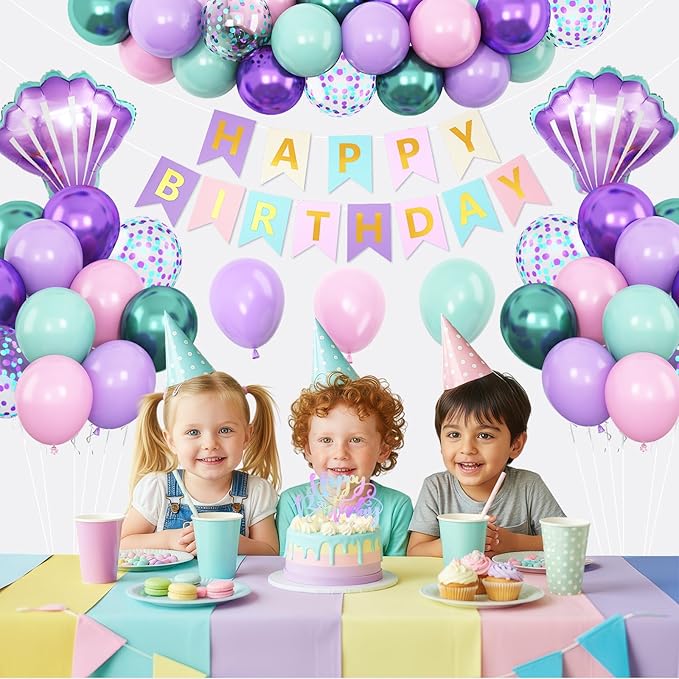 Mermaid Birthday Decoration for Girls,Metallic Purple Pink Green Blue Latex Balloons Seashell Foil Balloons Banner Cake Topper Mermaid Sea Decorations