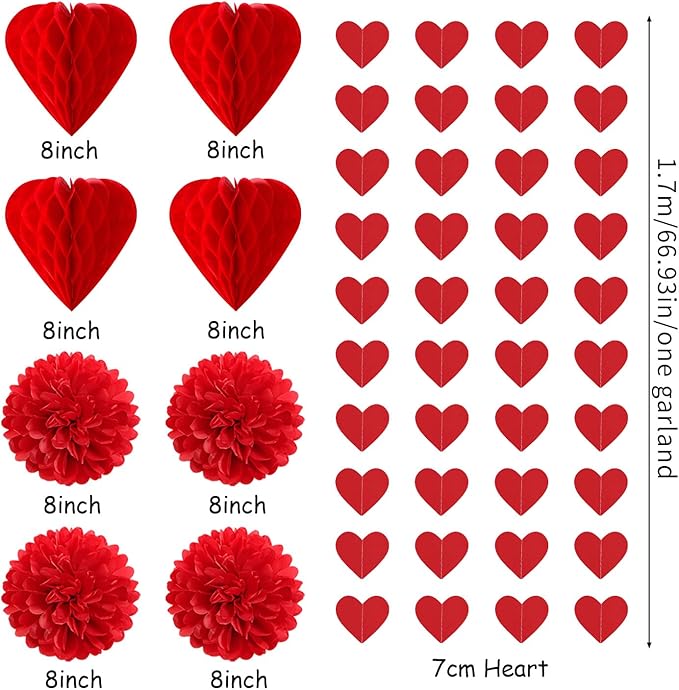 Valentines-Day Decorations Red-Heart Garland Galentines-Decor - 24pcs Tissue Paper Pom Poms Streamers Swirl,Be Mine Xoxo Banner,Love Romantic Special Night Anniversary Party Hanging Lasting Surprise