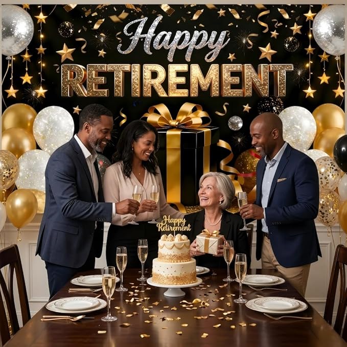 Retirement Party Decorations - Extra Thick Fabric Happy Retirement Backdrop Banner, Large 72x43" Black and Gold Photo Booth Props, Elegant Retire Sign for Men Women Office Outdoor Garden Wall Decor