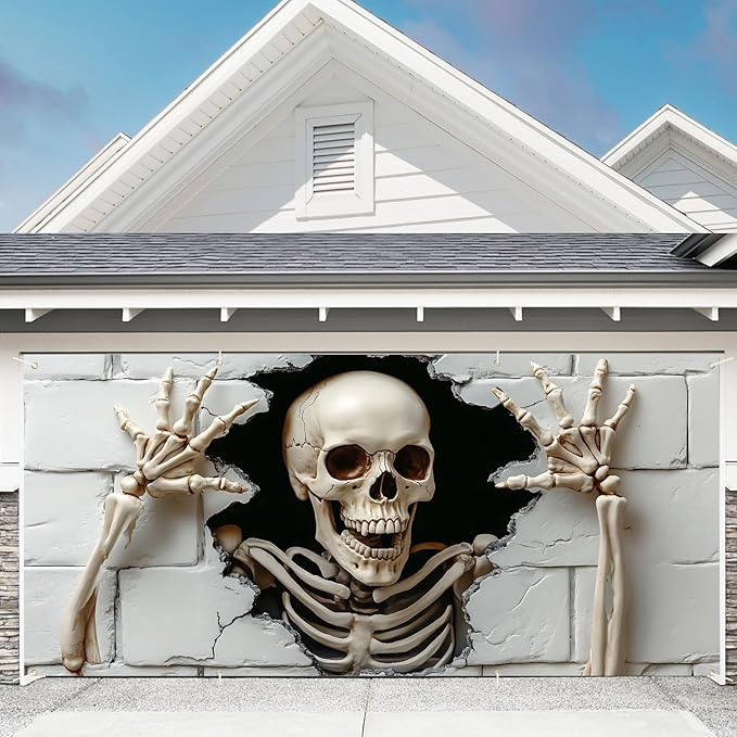 6 x 13 ft Halloween Garage Door Decorations Halloween decorations Witch Door Cover, Hanging Banner, Cauldron Backdrop Mural for Home, Outdoor, Indoor, Spooky Party, Wall, Window (Skull-2, 6 x 13 ft)