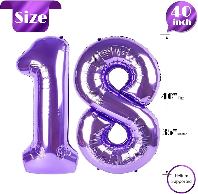 Purple Number 18 Balloon 40 inch, 18 Number Balloons, 18th Purple Birthday Decorations, 18 Year Old Girls Boys Party Supplies