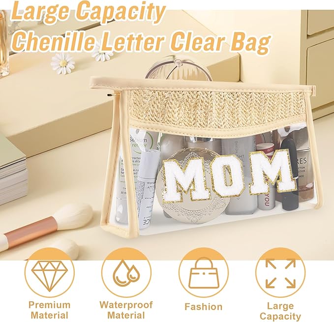 Boho Patch Mama Bag Clear Makeup Letter Bag for Mom, Waterproof Zipper Make up Bags Toiletry Pouch for Women Girls, Clear Letter Patch Cosmetic Bags Transparent Organizer Pouch for Travel(Mom, Beige)