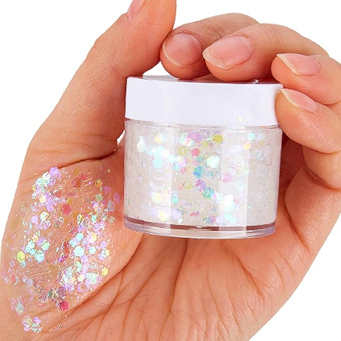 White Face Hair Glitter Gel,Mermaid White Holographic Body Glitter for Kids,Singer Concerts Festival Rave Accessories,Carnival Halloween Glitter Sequins Face Glitter Paint Makeup