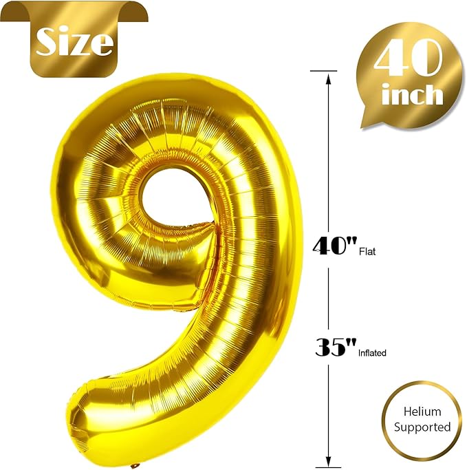 Gold Number 9 Balloon 40 Inch, 9 Balloon Number, 9th Birthday Decorations, Gold Party Supplies for Boys Girls