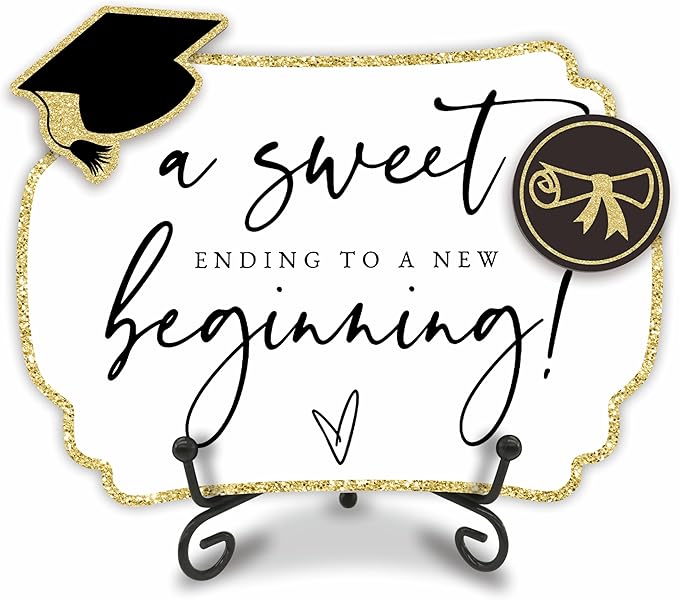 Gold Graduation Wooden Buffet Sign - A Sweet Ending To A New Beginning - 5"X7" Candy Sign With 1 Metal Support，2 DIY Wood Decor With Velcro, Grad Party Decor & Supplies - B03