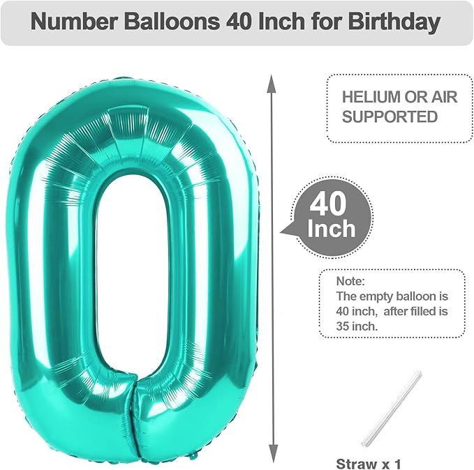 40 Inch Number Balloons, Blue-Green Balloons for Birthday Party Decoration, Foil Number 0 Ballon for 0, 10, 20, 100, 2026 Celebration, Birthday, Baby Shower, Anniversary Decor