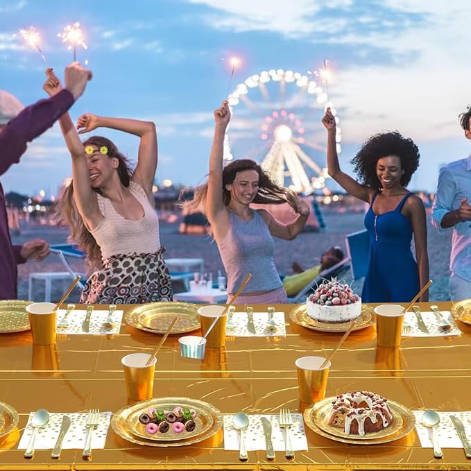 201-piece disposable party tableware set with paper plates, cups, napkins, straws, tablecloths, plastic knives, forks and spoons for a variety of party occasions for up to 25 people (Golden Star)