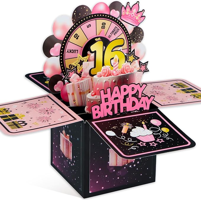 FaCraft Pop Up 16th Birthday Card - Handmade Happy Birthday Pop Up Greeting Cards Gift with Envelope and Blank Insert, Spinning Wheel Design, 16 Year Old Teens, Girls, Daughter
