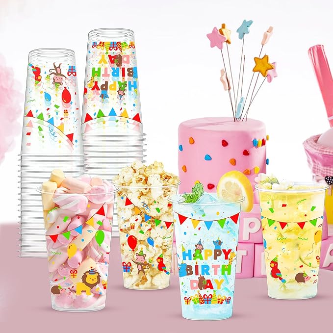 50pcs Happy Birthday Disposable Plastic Cups 16 Oz Drinking Cup with Lid, Birthday Party Decorations & Gifts for Boys and Girls, Clear Coffee Cups for Kids, Birthday Theme Party Drinkware Supplies
