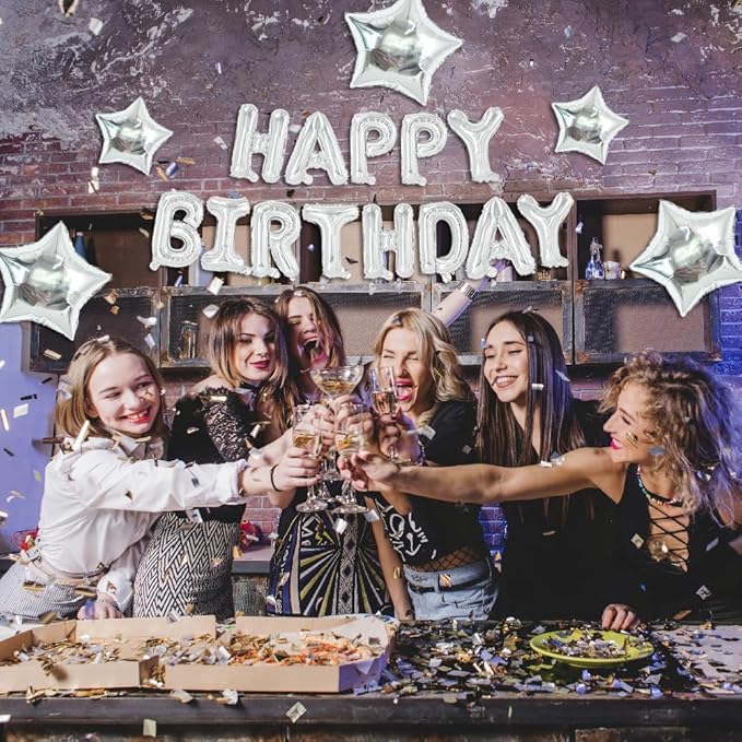 TONIFUL 35PCS Silver Happy Birthday Decorations 16 Inch Happy Birthday Balloon Banner with Star Balloons Mylar Foil Birthday Party Decorations Supplies for Men Women Adults Girls Boys Kids