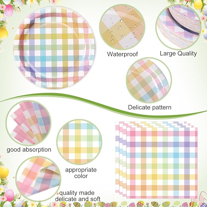 452 Pcs Pastel Easter Party Decoration for 50, Spring Easter Paper Plates Napkins Cups Tablecloth Cutlery Straws Rainbow Pastel Gingham Plaid Tableware for Spring Birthday Party Supplies