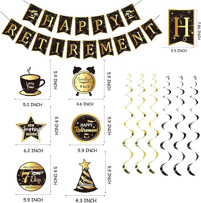 Happy Retirement Party Decorations Men Women, Black and Gold Retirement Party Decorations, Happy Banner, Backdrop, Hanging Swirls, Honeycomb Centerpiece