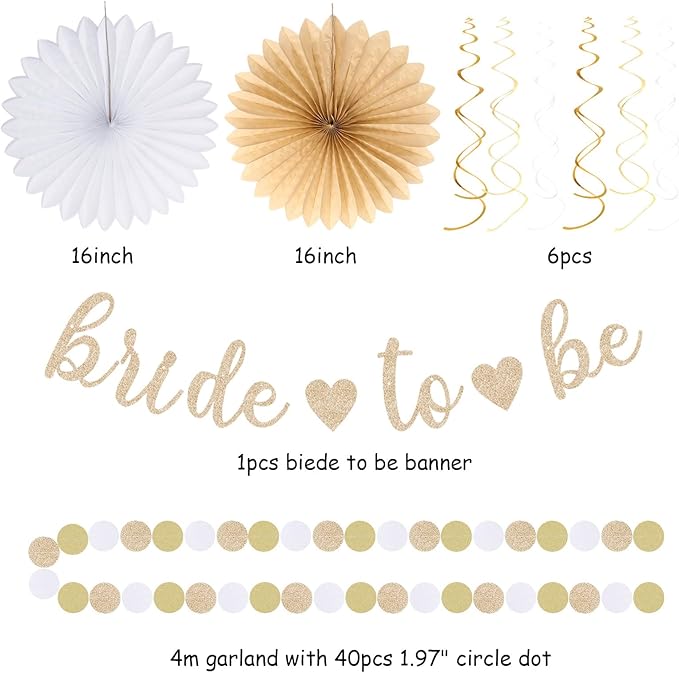 White Champagne Gold Boho Bachelorette Party-Decorations - 21pcs Women Bridal Shower Banner Garland,Bride To Be Paper Streamers Lanterns,Flower Tissue Pom Poms Fan Favors Wedding Decor Huglony