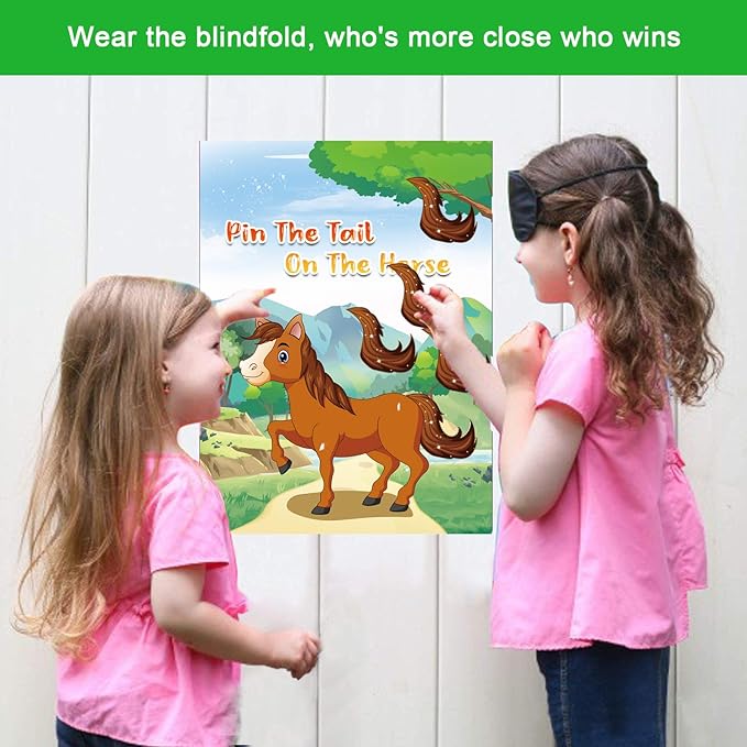 Pin The Tail on The Horse Game -Horse Party Games for Kids with 21'' x 28'' Poster, Resuable Tails Stickers Party Supplies for Kids Birthday Party Favor Sets