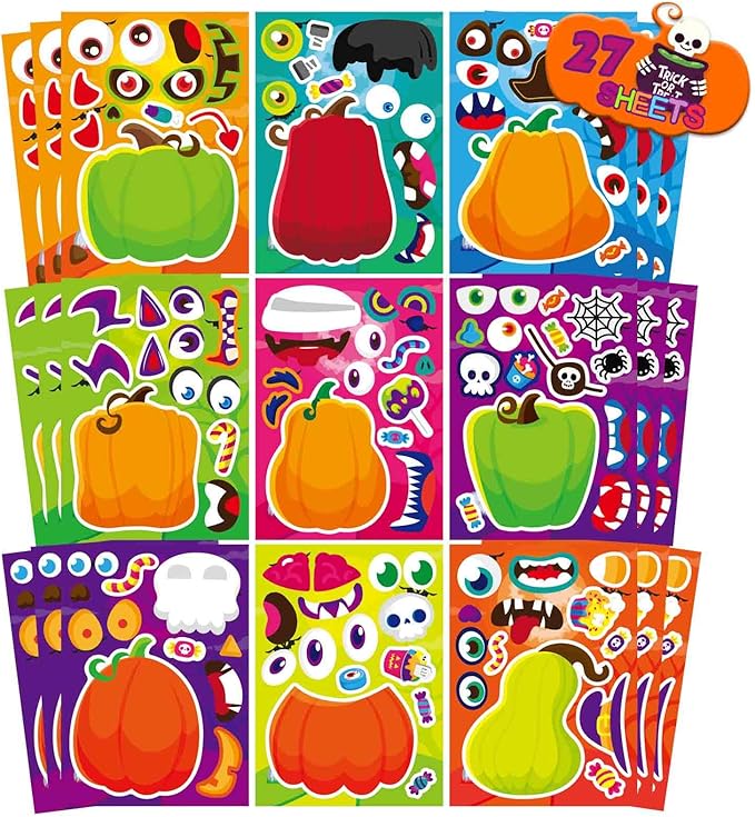 Halloween Stickers for Pumpkins 27 Sheets Make a Face Stickers Halloween Pumpkin Decorating Sticker Fall Autumn Pumpkins, Make Your Own Halloween Sticker for Halloween Party Crafts Games