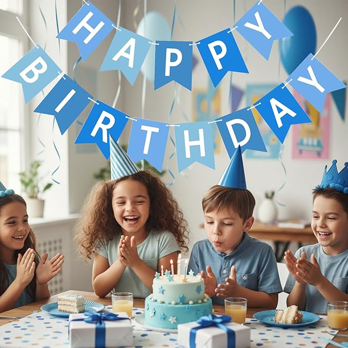 Happy Birthday Banner Sign, Birthday Garland Wall Door Hanging Banners Flag for Women Men Boys Girls Party Backdrop Decorations, Personalized Name Banner White Letters Blue and Light Blue