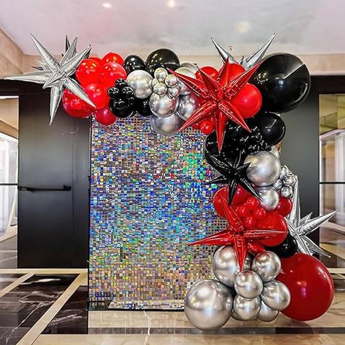 6PCS Star Balloons, 22Inch Black Red and Silver Star Balloon Foil Balloons Spike Cone Balloon for Graduation Birthday Anniversary New Year Kids Boys Party Decorations