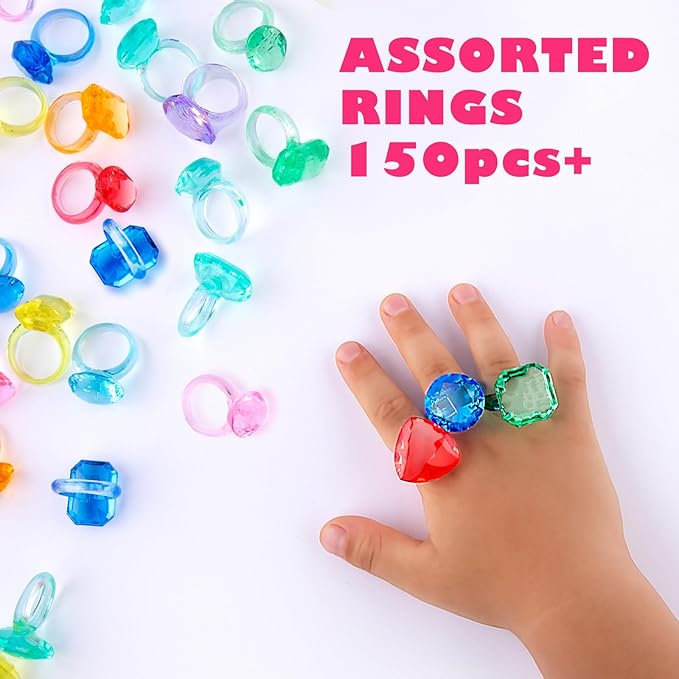 Niceup 150pcs Kids Plastic Gem Rings Bulk Toys Princess Party Favor Cupcake Topper Pinata Fillers Parade Throws Bulk Carnival Prizes Acrylic Gemstones Fake Jewel Treasure Toys Goodie Bag Fillers