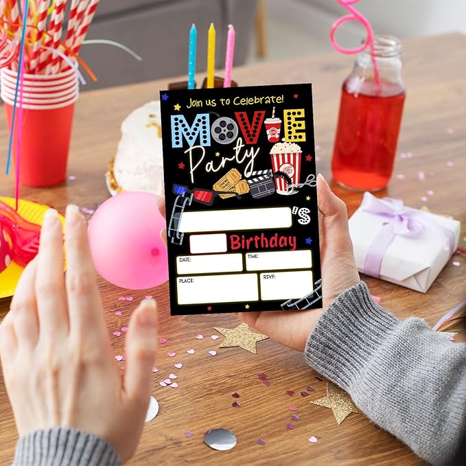 Movie Party Birthday Party Invitation Cards for Teens Girls Boys, Cinema Birthday Celebration Party Invite Cards Supplies, 20 Double-Sided Fill In Invites With Envelopes -14