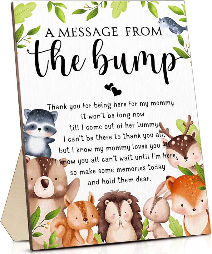Roowest Cool Baby Shower Tabletop Decoration a Message from the Bump Wooden Baby Shower Games Sign Greenery Cute Gender Reveal Party Thank You Sign, 11.2 x 8.66 Inches(Woodland)