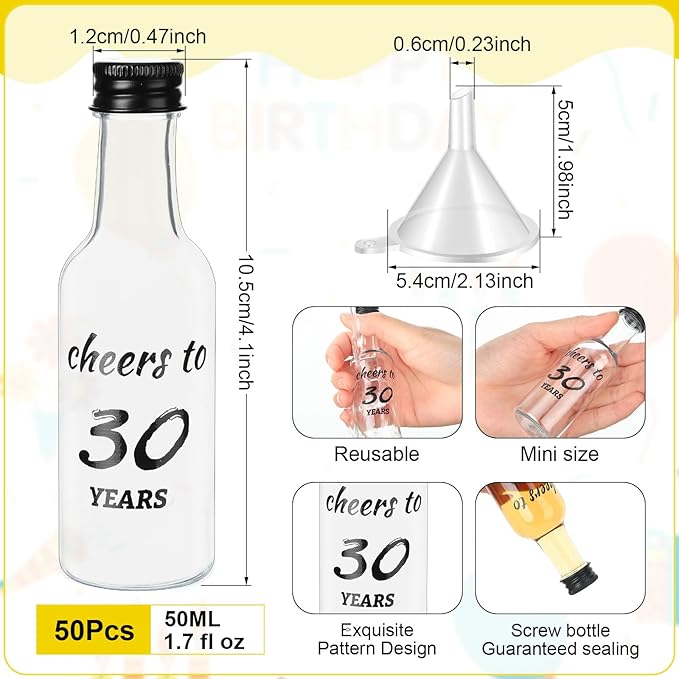 Bokon 50 Pcs Cheers to 30 Years Birthday Party Mini Liquor Bottles 1.7 oz Mini Wine Bottles for Guests Women Men 30th Birthday Anniversary Wedding Celebration Party Favors